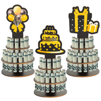 3Pcs Wooden Birthday Money Holder for Cash Gift, Double Layer Cash Holders with 25 Holes, Happy Birthday Cake Money Holder for Bady Party Placing Money Decoration Supplies（Black Gold）