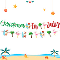 2pcs Glitter Christmas In July Banner Party Decorations, July Xmas Tropical Hawaii Hanging Decor, Santa Palm Tree Flamingo Surfboard Holiday Party Favor Supplies for Home Background Wall Mantel