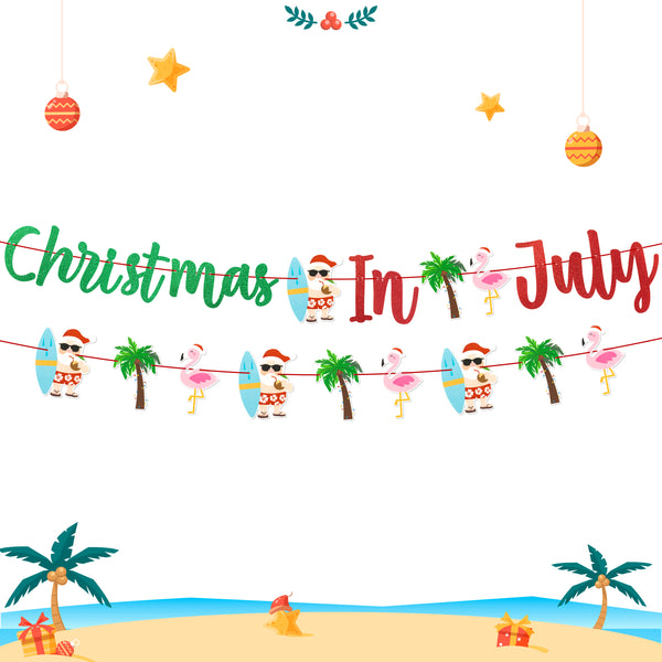 2pcs Glitter Christmas In July Banner Party Decorations, July Xmas Tropical Hawaii Hanging Decor, Santa Palm Tree Flamingo Surfboard Holiday Party Favor Supplies for Home Background Wall Mantel