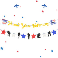 2Pcs Gold Glitter Thank You Veterans Banner, Memorial Day Patriotic Veterans Day Party Decorations, Glitter Red White Blue Stars Soldiers Veterans Sign Decor Supplies for Home Background Wall