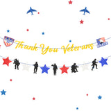 2Pcs Gold Glitter Thank You Veterans Banner, Memorial Day Patriotic Veterans Day Party Decorations, Glitter Red White Blue Stars Soldiers Veterans Sign Decor Supplies for Home Background Wall