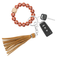 Silicone Bead Bracelet Key Ring with Leather Tassel, Football Print Beaded Wristlet Keychain, Brown Elastic Portable Key Chain, Wallet Car Keyrings Key Holder for Women Men Birthday Gift