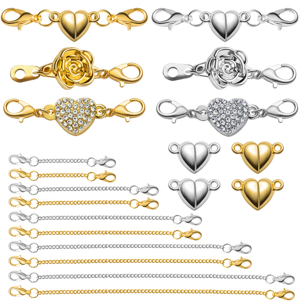 JAPBOR 20Pcs Magnetic Necklace Clasps and Closures, Rose Heart Shaped Jewelry Magnet Clasp, Gold Silver Extenders Lobster Clasps Locking Converter for DIY Necklace Bracelets Jewelry Craft Making