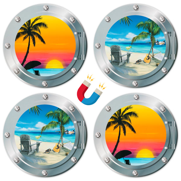 4pcs Cruise Door Magnets, Summer Refrigerator Car Magnet, Beach Palm Tree Magnetic Decals, Ocean Hawaii Vacation Nature Scenery Fridge Stickers for Home Kitchen Door Cabinet Decor (9.8 Inch)