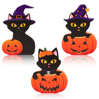 3Pcs Halloween Wooden Centerpieces Table Decorations, Witch Hat Black Cat Pumpkin Tiered Tray Set Desk Decor, Happy Fall Halloween Party Themed Sign Wood Block Tabletop Décor for Home Kitchen