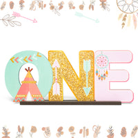 JAPBOR Boho Girl ONE Letter Sign Wooden Table Centerpieces, Bohemian She's a Wild One Baby Girls 1st Birthday Party Decorations with Arrow Feather Teepee, One Year Old Baby Shower Table Topper Decor