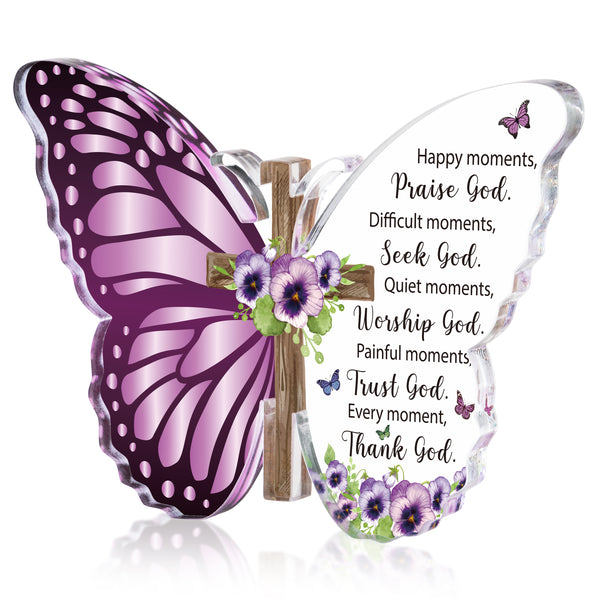 JAPBOR Acrylic Christian Religious Gifts - Bible Verses God Faith Inspirational Scripture Present for Women Men, Serenity Butterfly Cross Prayer Decor Christian Keepsake Decoration (Praise God)