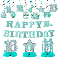 16th Birthday Banner Party Decorations for Boys Girls, Glitter Teal Silver Happy 16th Birthday Decor, Sweet 16 Years Old Hanging Swirls Honeycomb Centerpieces, Cheer to 16 Bday Supplies