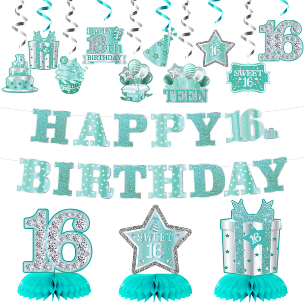 16th Birthday Banner Party Decorations for Boys Girls, Glitter Teal Silver Happy 16th Birthday Decor, Sweet 16 Years Old Hanging Swirls Honeycomb Centerpieces, Cheer to 16 Bday Supplies