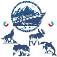 Cruise Door Decorations Magnetic - 5PCS Alaska Cruise Magnet, Alaskan Themed Ship Car Cabin Refrigerator Magnets Decal, Wolf Bear Deer Whale Magnetic Fridge Stickers for Home Kitchen Decor