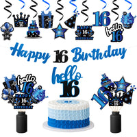 42pcs 16th Birthday Party Decoration, Happy 16th Glitter Blue and Black Banner for Teens Girls Boys, Hello 16 Deep Blue Hanging Swirls Cake Topper Centerpieces, Cheer to 16 Years Bday Decor