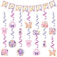 21PCS Butterfly Baby Shower Hanging Swirls Decorations for Girl, Floral Butterfly Baby Girls Gender Reveal Party Banner Set, It's a Girl Birthday Purple Pink Butterflies Hang Decor Supplies