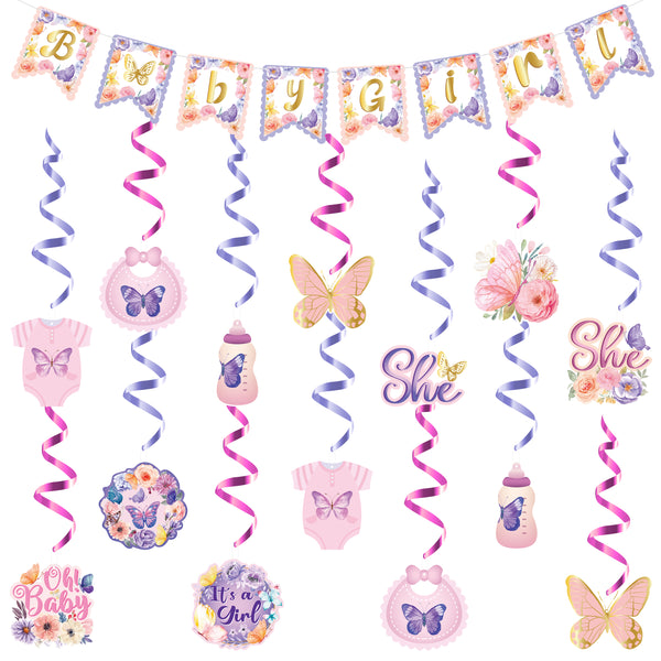 21PCS Butterfly Baby Shower Hanging Swirls Decorations for Girl, Floral Butterfly Baby Girls Gender Reveal Party Banner Set, It's a Girl Birthday Purple Pink Butterflies Hang Decor Supplies