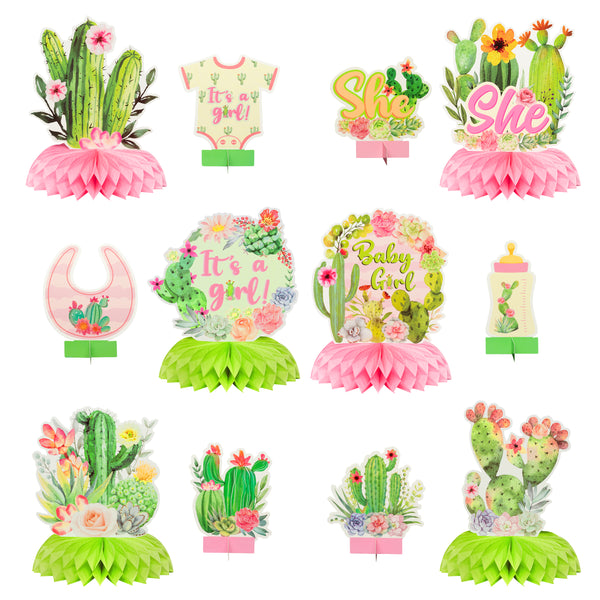 12pcs Watercolor Cactus Baby Shower Party Centerpieces Tables Decorations for Girls, It's a Girl Pink Floral Cactus Honeycomb Table Toppers for Gender Reveal Birthday Hawaiian Luau Party Decor