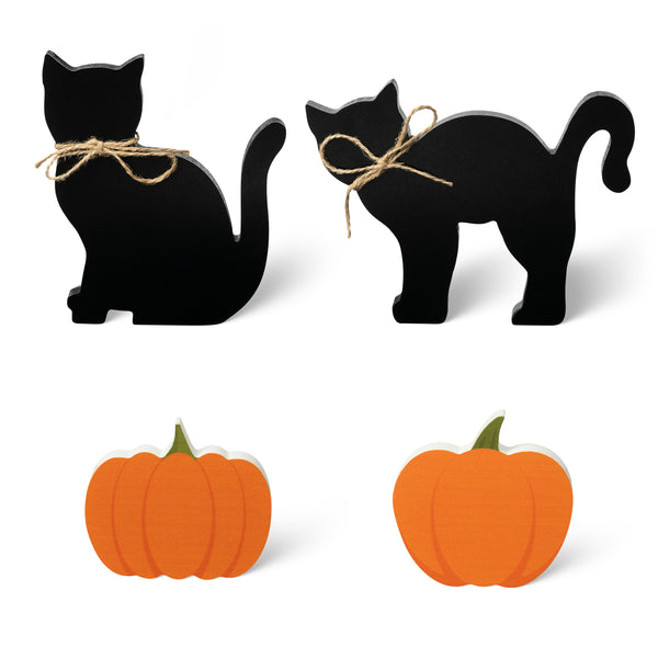 4PCS Halloween Wooden Centerpieces Table Decorations, Black Cat Pumpkin Tiered Tray Set Decor, Reversible Happy Fall Halloween Party Themed Sign Wood Block Table Topper Décor for Home Kitchen