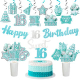 42pcs 16th Birthday Party Decoration, Happy 16th Glitter Teal Silver Banner for Teens Girls, Hello 16 Hanging Swirls Cake Topper Centerpieces, Cheer to 16 Year Bday Cake Topper Centerpieces Decor