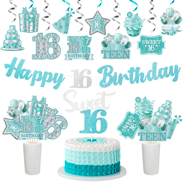 42pcs 16th Birthday Party Decoration, Happy 16th Glitter Teal Silver Banner for Teens Girls, Hello 16 Hanging Swirls Cake Topper Centerpieces, Cheer to 16 Year Bday Cake Topper Centerpieces Decor