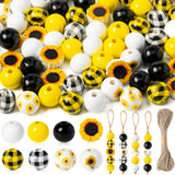 120PCS Sunflower Wood Beads for Crafts, Spring Summer DIY Wooden Bead Garland Kit, Yellow White Black Sunflowers Spacer Round Beads Decorative with Rope, Home Party Decor Hanging Decoration