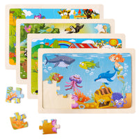 Wooden Puzzles for Toddlers Kids - 4 Packs 24PCS Animal Themed Wood Puzzle, Ocean Under The Sea Treasure Zoo Farm Preschool Educational Learning Toys Matching Games Toys Gifts for Toddler