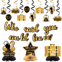 14PCS Farewell Party Decorations Set, Gold and Black Who Said You Could Leave Banner, Will Miss You Hanging Swirls Honeycomb Centerpieces, Women Men Retirement Going Away Goodbye Party Supplies