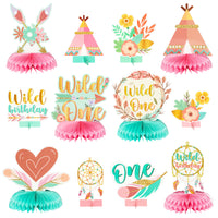 12pcs Boho Girl Wild ONE Birthday Party Honeycomb Centerpieces, Bohemian 1st Birthday Decorations for Baby, 1 Years Old First Bday Table Toppers with Arrow Teepee Floral Feather Dreamcatcher