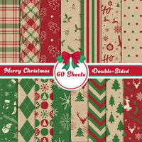 60 Sheet Christmas Pattern Paper, Merry Christmas Scrapbook Papers, Double-Sided Green Red Xmas Origami Craft Wrapping Decoupage Paper for DIY Making Card Party Gift Bags Decoration Supplies