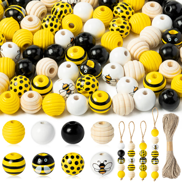 120PCS Bee Wood Beads for Crafts, Spring Summer DIY Wooden Bead Garland Kit, Yellow White Black Honeycomb Bee Shaped Spacer Round Beads Decorative with Rope, Home Party Decor Hanging Decoration