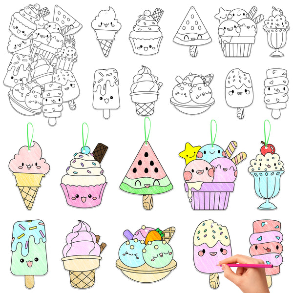 Ice Cream Coloring Craft - 83PCS Summer Ice Cream Themed Party Activities Game Kits for Kids, Color Your Own DIY Desserts Art Cards Hanging Ornament, Draw Paper Book School Activity Party Favor