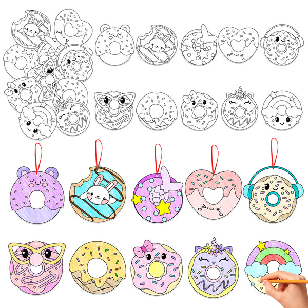 Donut Coloring Craft Art - 83PCS Donut Theme Party Activities Coloring Kits for Kids, Color Your Own DIY Desserts Cards Hanging Ornament, Summer Draw Paper Book Activity School Classroom Favors