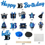 42pcs 16th Birthday Party Decoration, Happy 16th Glitter Blue and Black Banner for Teens Girls Boys, Hello 16 Deep Blue Hanging Swirls Cake Topper Centerpieces, Cheer to 16 Years Bday Decor