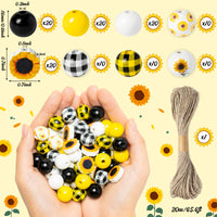 120PCS Sunflower Wood Beads for Crafts, Spring Summer DIY Wooden Bead Garland Kit, Yellow White Black Sunflowers Spacer Round Beads Decorative with Rope, Home Party Decor Hanging Decoration