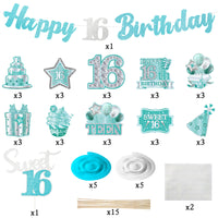 42pcs 16th Birthday Party Decoration, Happy 16th Glitter Teal Silver Banner for Teens Girls, Hello 16 Hanging Swirls Cake Topper Centerpieces, Cheer to 16 Year Bday Cake Topper Centerpieces Decor