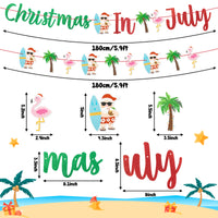 2pcs Glitter Christmas In July Banner Party Decorations, July Xmas Tropical Hawaii Hanging Decor, Santa Palm Tree Flamingo Surfboard Holiday Party Favor Supplies for Home Background Wall Mantel