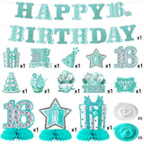 16th Birthday Banner Party Decorations for Boys Girls, Glitter Teal Silver Happy 16th Birthday Decor, Sweet 16 Years Old Hanging Swirls Honeycomb Centerpieces, Cheer to 16 Bday Supplies