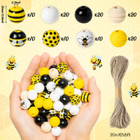 120PCS Bee Wood Beads for Crafts, Spring Summer DIY Wooden Bead Garland Kit, Yellow White Black Honeycomb Bee Shaped Spacer Round Beads Decorative with Rope, Home Party Decor Hanging Decoration