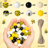 120PCS Bee Wood Beads for Crafts, Spring Summer DIY Wooden Bead Garland Kit, Yellow White Black Honeycomb Bee Shaped Spacer Round Beads Decorative with Rope, Home Party Decor Hanging Decoration