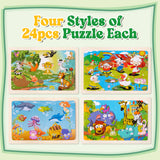 Wooden Puzzles for Toddlers Kids - 4 Packs 24PCS Animal Themed Wood Puzzle, Ocean Under The Sea Treasure Zoo Farm Preschool Educational Learning Toys Matching Games Toys Gifts for Toddler