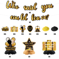 14PCS Farewell Party Decorations Set, Gold and Black Who Said You Could Leave Banner, Will Miss You Hanging Swirls Honeycomb Centerpieces, Women Men Retirement Going Away Goodbye Party Supplies