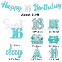 42pcs 16th Birthday Party Decoration, Happy 16th Glitter Teal Silver Banner for Teens Girls, Hello 16 Hanging Swirls Cake Topper Centerpieces, Cheer to 16 Year Bday Cake Topper Centerpieces Decor