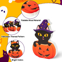 3Pcs Halloween Wooden Centerpieces Table Decorations, Witch Hat Black Cat Pumpkin Tiered Tray Set Desk Decor, Happy Fall Halloween Party Themed Sign Wood Block Tabletop Décor for Home Kitchen