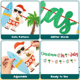 2pcs Glitter Christmas In July Banner Party Decorations, July Xmas Tropical Hawaii Hanging Decor, Santa Palm Tree Flamingo Surfboard Holiday Party Favor Supplies for Home Background Wall Mantel