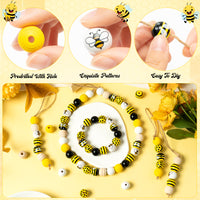 120PCS Bee Wood Beads for Crafts, Spring Summer DIY Wooden Bead Garland Kit, Yellow White Black Honeycomb Bee Shaped Spacer Round Beads Decorative with Rope, Home Party Decor Hanging Decoration