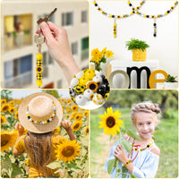 120PCS Sunflower Wood Beads for Crafts, Spring Summer DIY Wooden Bead Garland Kit, Yellow White Black Sunflowers Spacer Round Beads Decorative with Rope, Home Party Decor Hanging Decoration