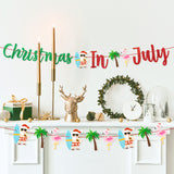 2pcs Glitter Christmas In July Banner Party Decorations, July Xmas Tropical Hawaii Hanging Decor, Santa Palm Tree Flamingo Surfboard Holiday Party Favor Supplies for Home Background Wall Mantel