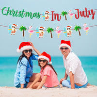 2pcs Glitter Christmas In July Banner Party Decorations, July Xmas Tropical Hawaii Hanging Decor, Santa Palm Tree Flamingo Surfboard Holiday Party Favor Supplies for Home Background Wall Mantel