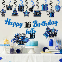 42pcs 16th Birthday Party Decoration, Happy 16th Glitter Blue and Black Banner for Teens Girls Boys, Hello 16 Deep Blue Hanging Swirls Cake Topper Centerpieces, Cheer to 16 Years Bday Decor