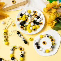 120PCS Sunflower Wood Beads for Crafts, Spring Summer DIY Wooden Bead Garland Kit, Yellow White Black Sunflowers Spacer Round Beads Decorative with Rope, Home Party Decor Hanging Decoration