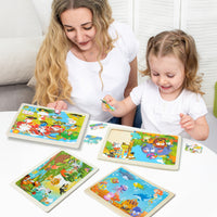 Wooden Puzzles for Toddlers Kids - 4 Packs 24PCS Animal Themed Wood Puzzle, Ocean Under The Sea Treasure Zoo Farm Preschool Educational Learning Toys Matching Games Toys Gifts for Toddler