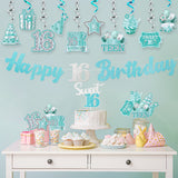 42pcs 16th Birthday Party Decoration, Happy 16th Glitter Teal Silver Banner for Teens Girls, Hello 16 Hanging Swirls Cake Topper Centerpieces, Cheer to 16 Year Bday Cake Topper Centerpieces Decor