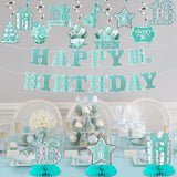 16th Birthday Banner Party Decorations for Boys Girls, Glitter Teal Silver Happy 16th Birthday Decor, Sweet 16 Years Old Hanging Swirls Honeycomb Centerpieces, Cheer to 16 Bday Supplies